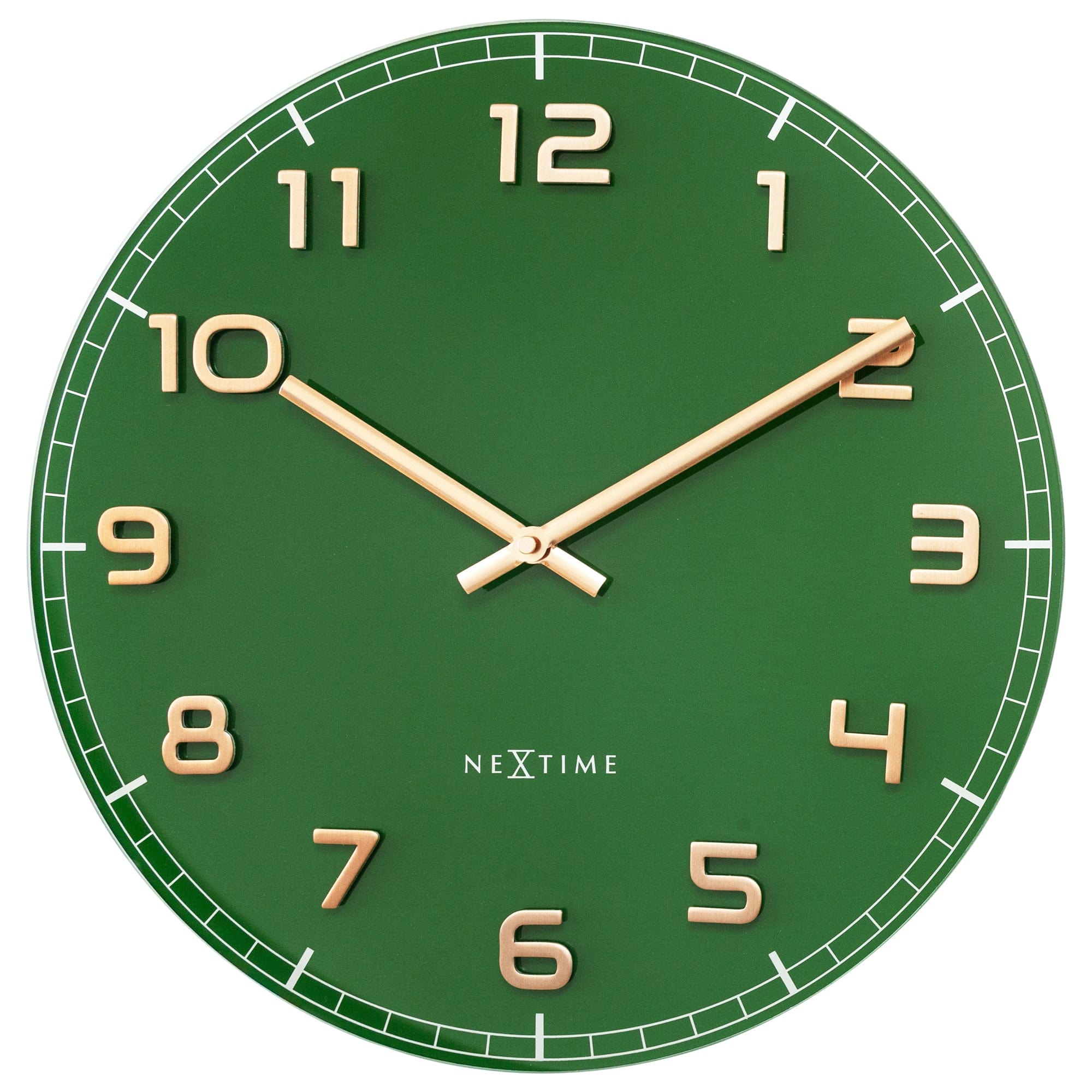 NeXtime Clocks Classy Medium green 40cm wall clock with silent glass and aluminium design, front view.